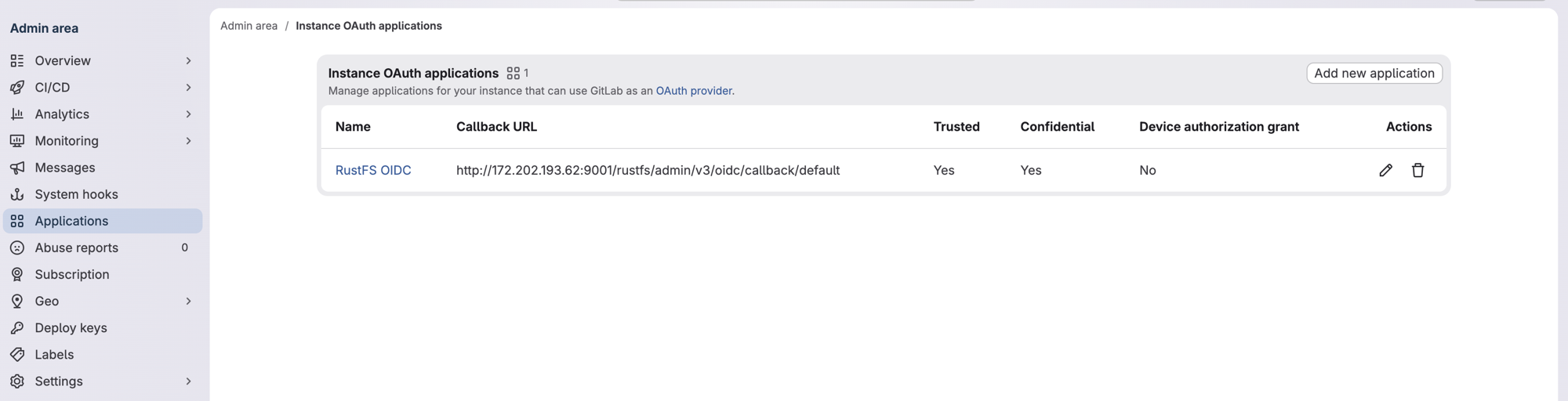 信頼済みかつ機密として表示された、RustFS OIDC のインスタンス OAuth アプリケーションを示す GitLab の管理エリア