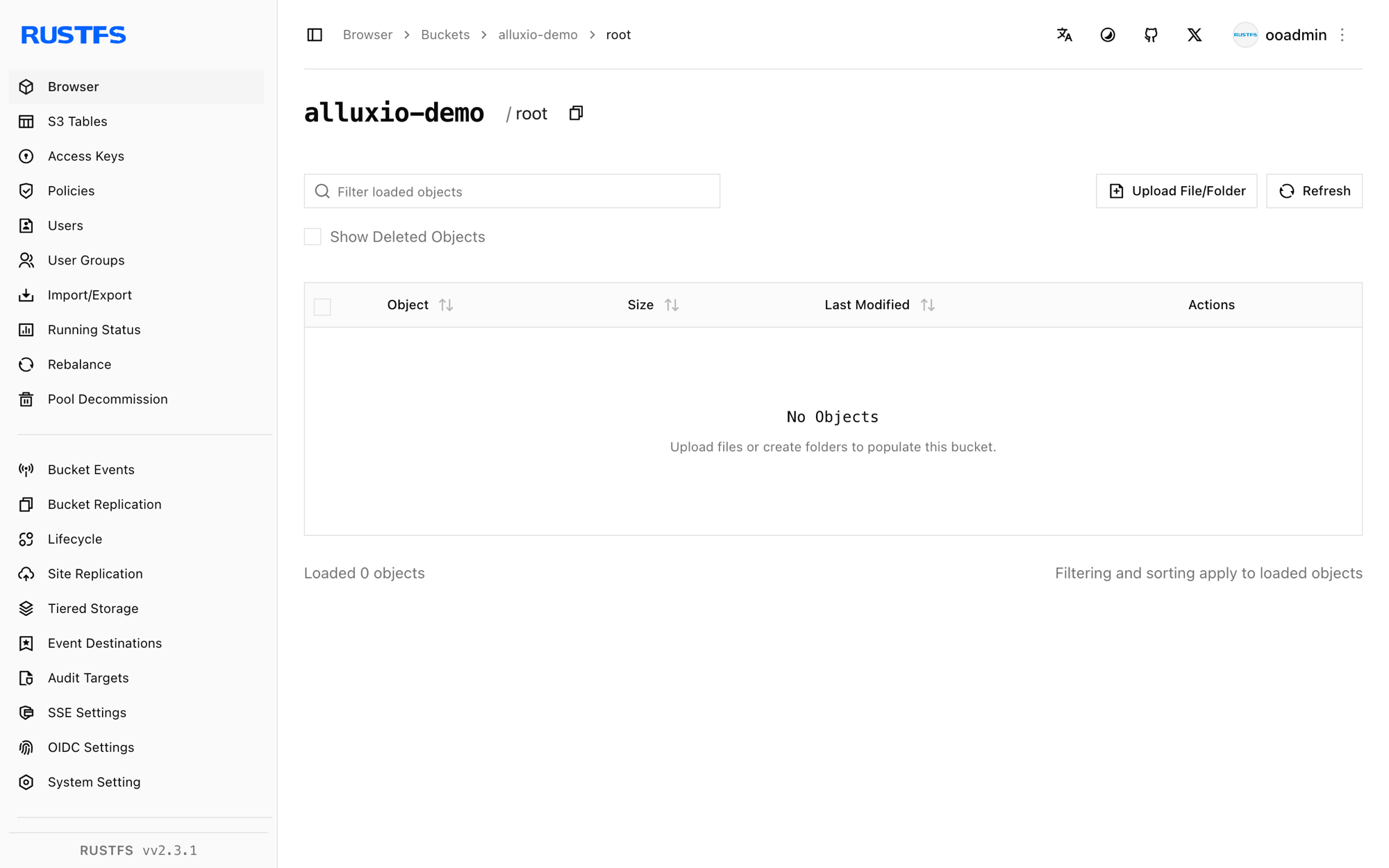 Fichiers gérés par Alluxio, stockés dans la Console RustFS