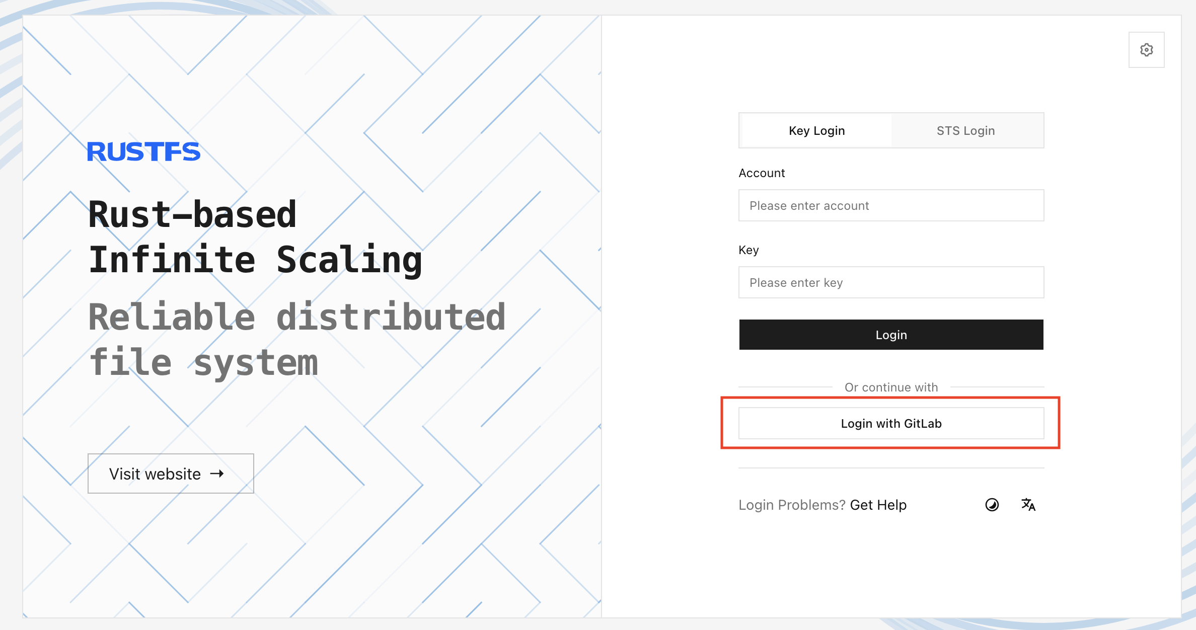 Login with GitLab の選択肢を示す RustFS Console のログインページ