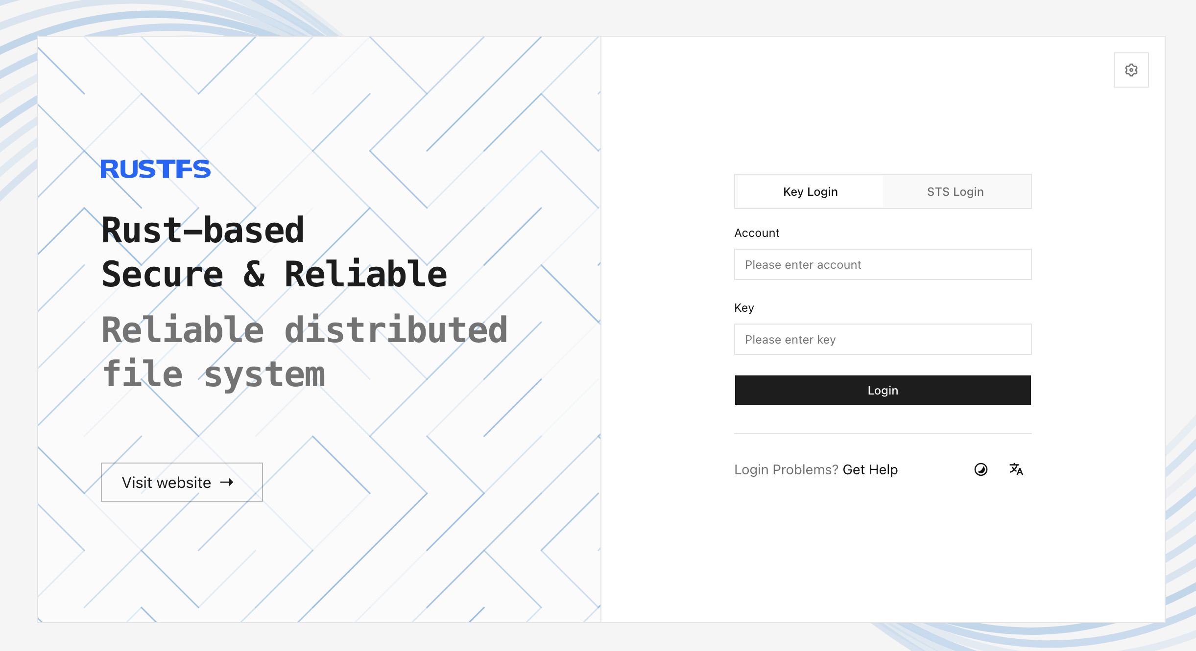 Anmeldeseite der RustFS-Console mit den Anmeldeoptionen Schlüssel, STS und OIDC