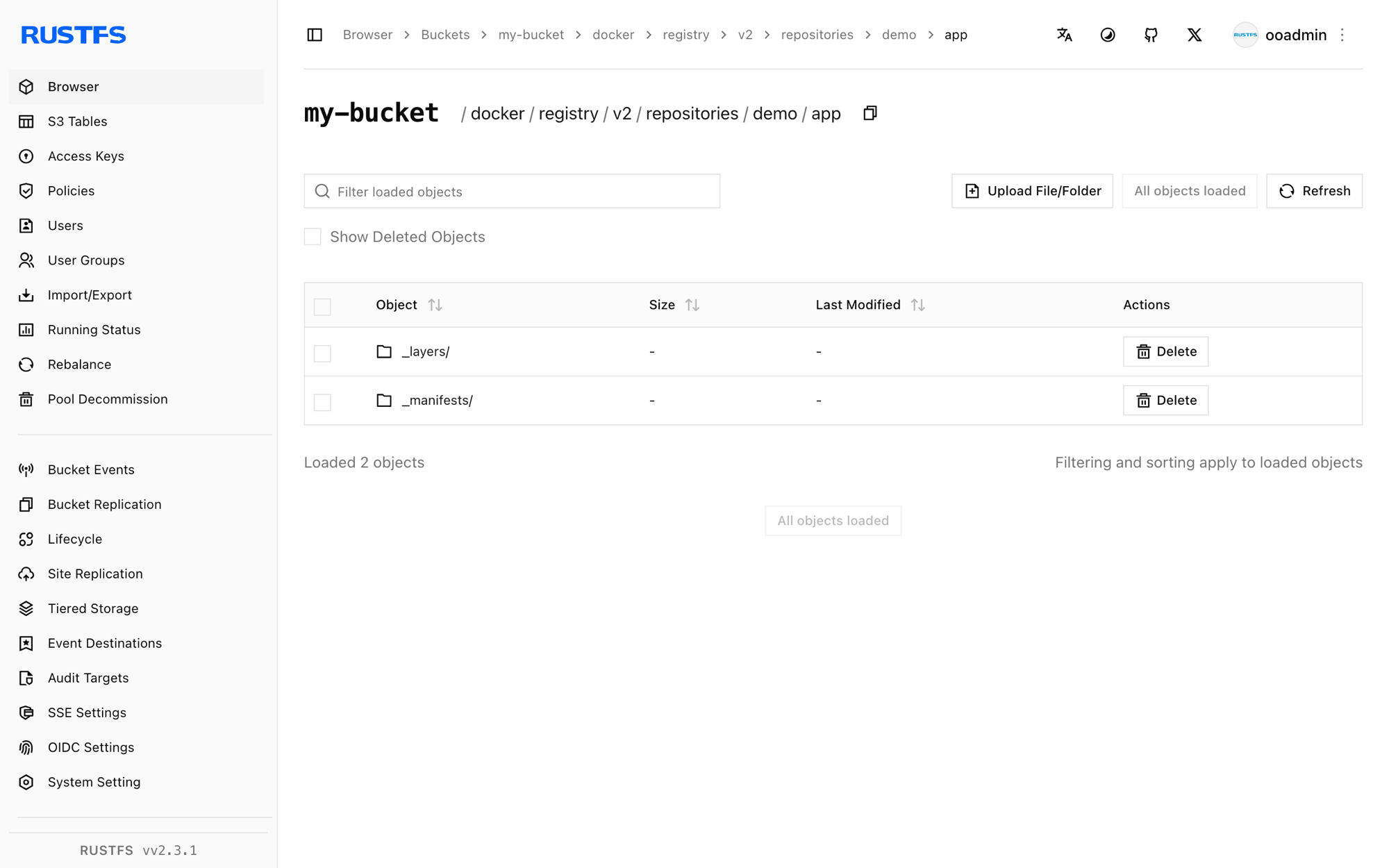 Die Repository-Metadaten des gepushten Images in der RustFS Console