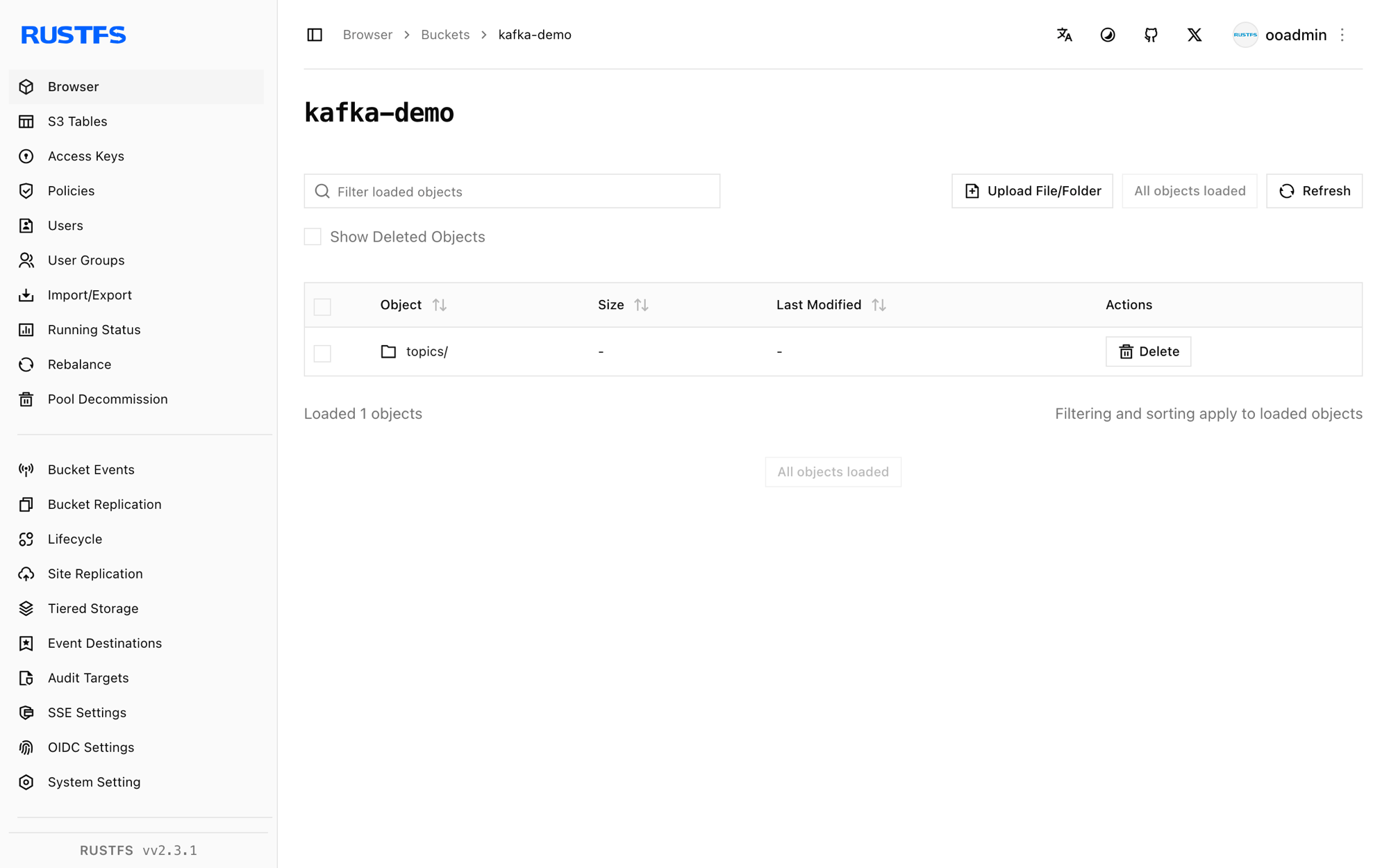RustFS Console に保存された Kafka シンクのオブジェクト