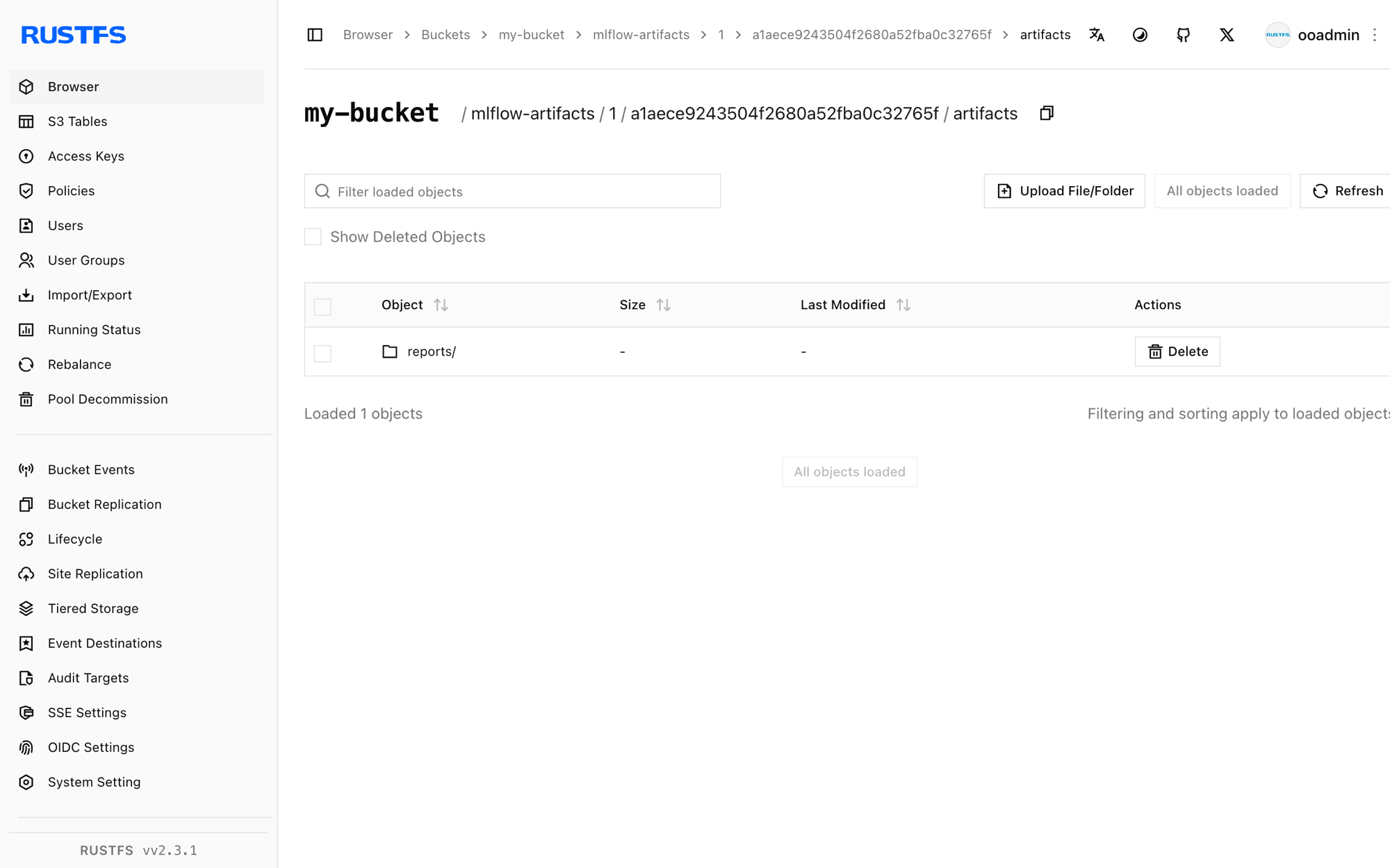 RustFS Console に保存された MLflow のアーティファクト