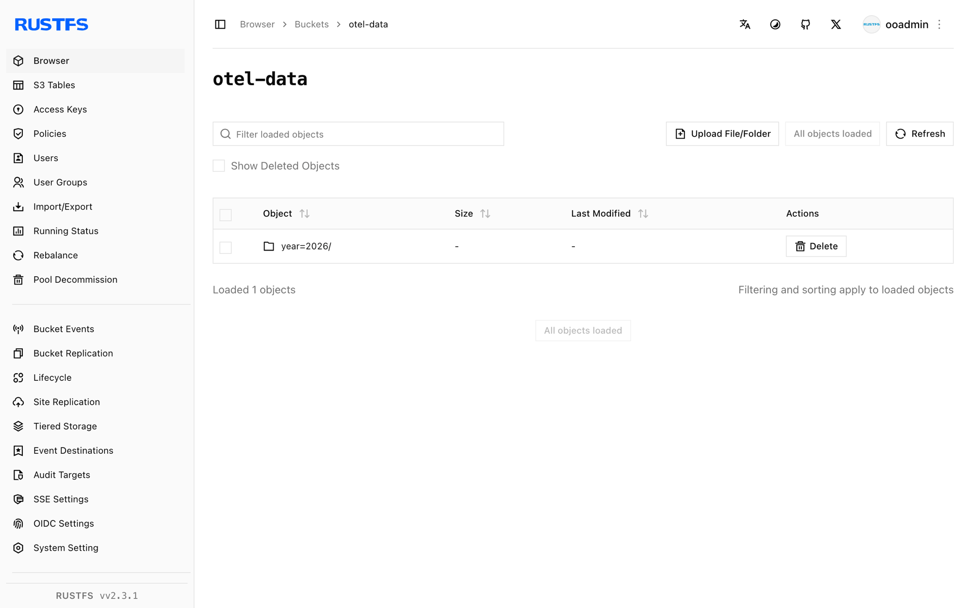 In der RustFS Console gespeicherte OpenTelemetry-Log-Objekte