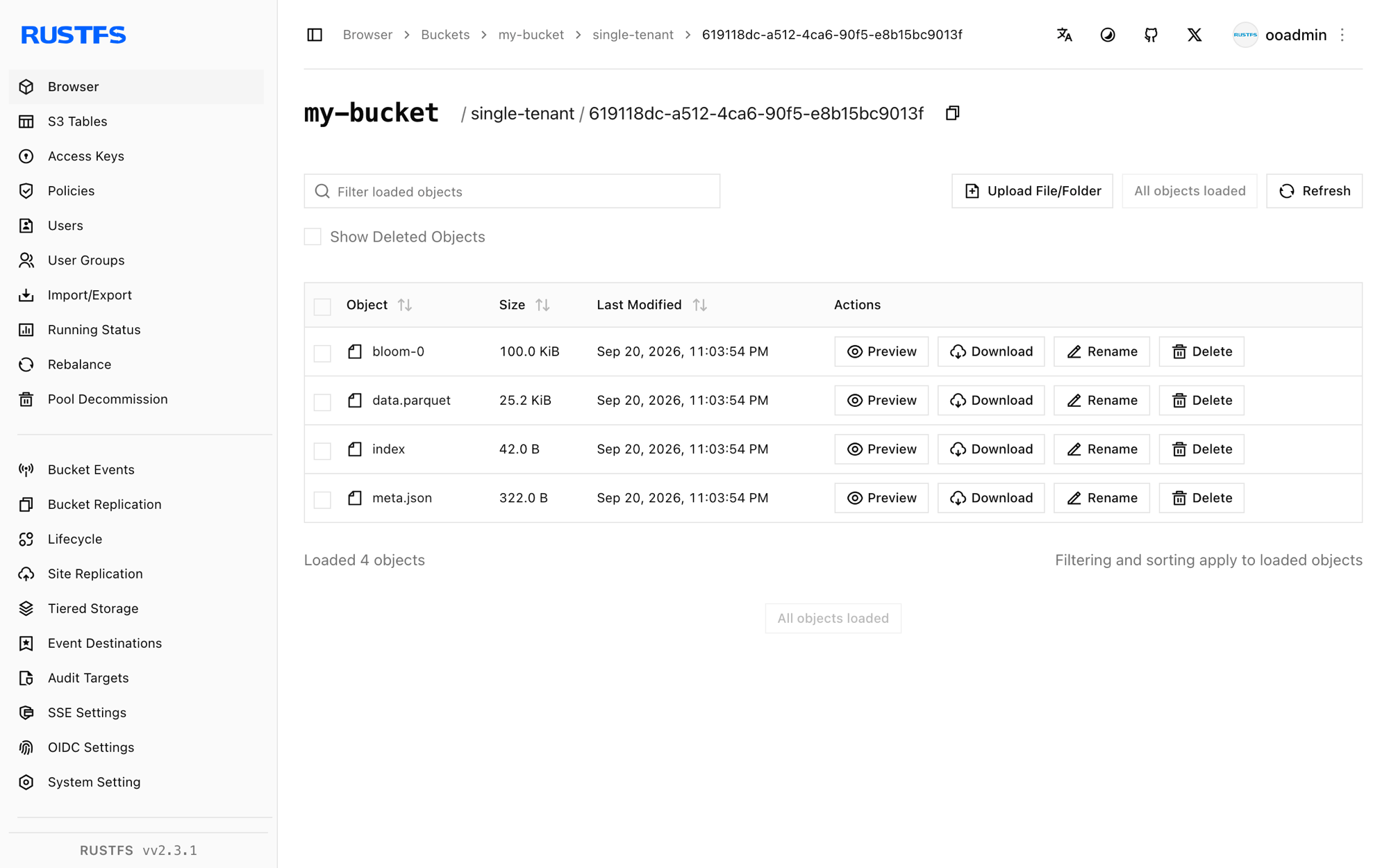 RustFS コンソールに保存された Tempo のトレースブロック
