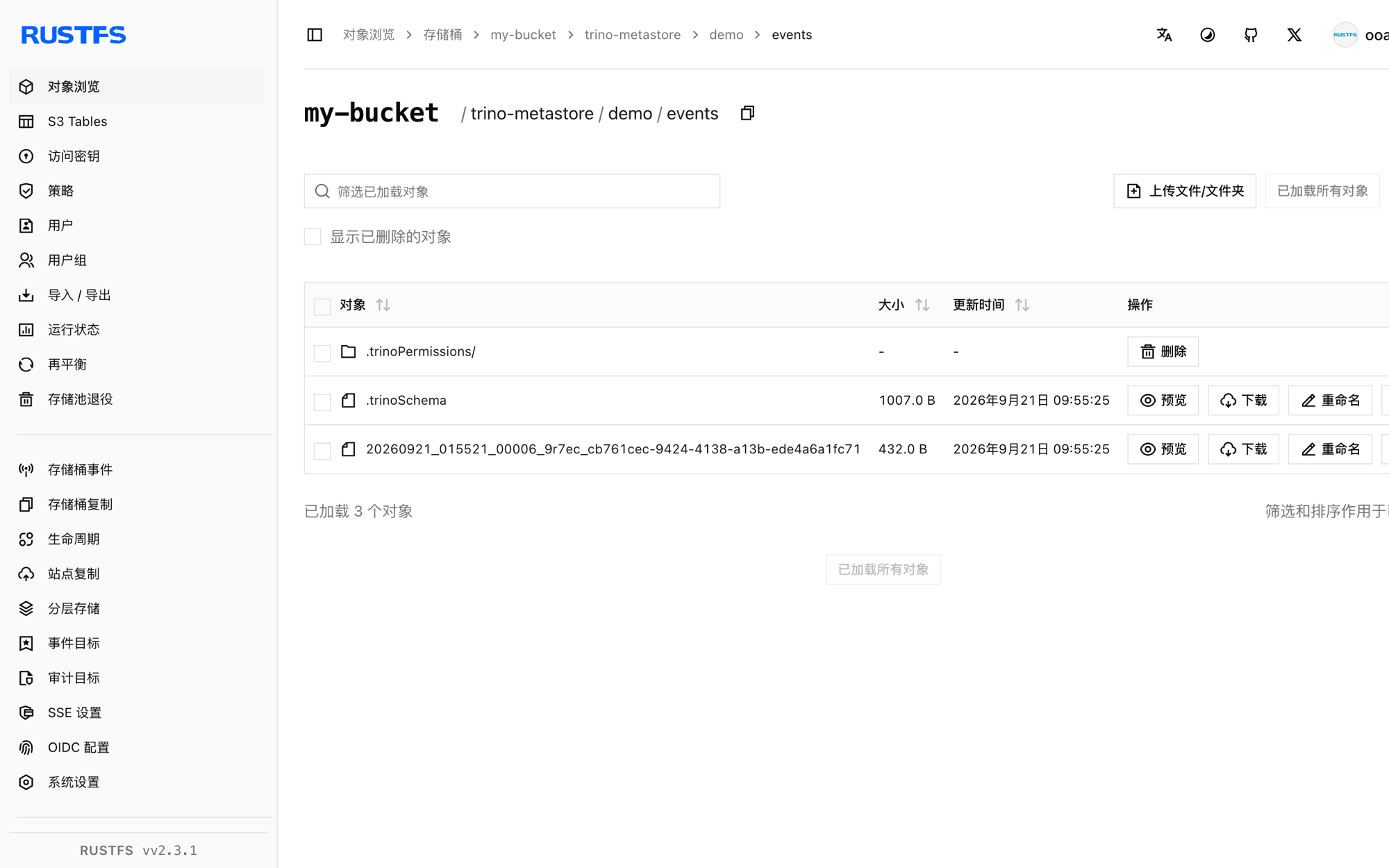 RustFS 控制台中存储的 Trino 元数据与数据对象