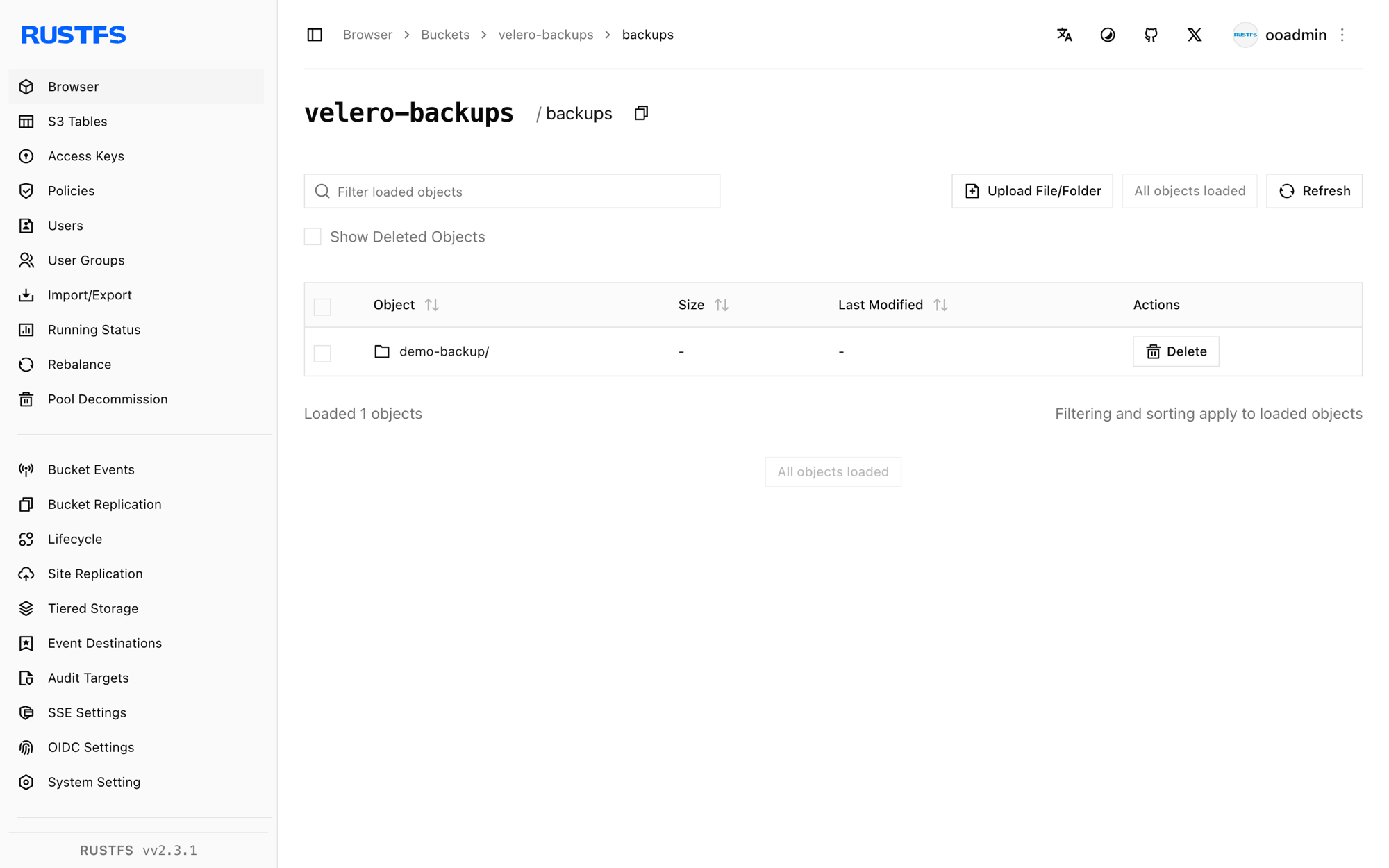 Sauvegardes Velero stockées dans la Console RustFS