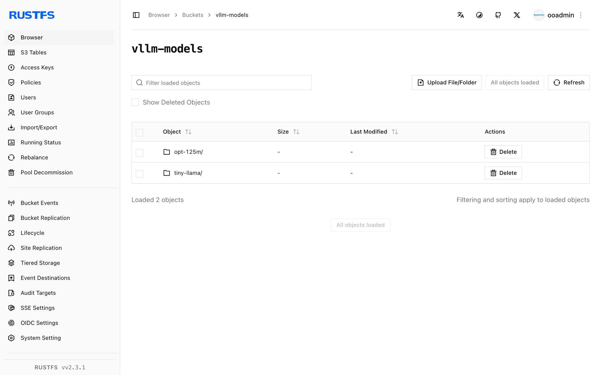 In der RustFS Console gespeicherte vLLM-Modellgewichte